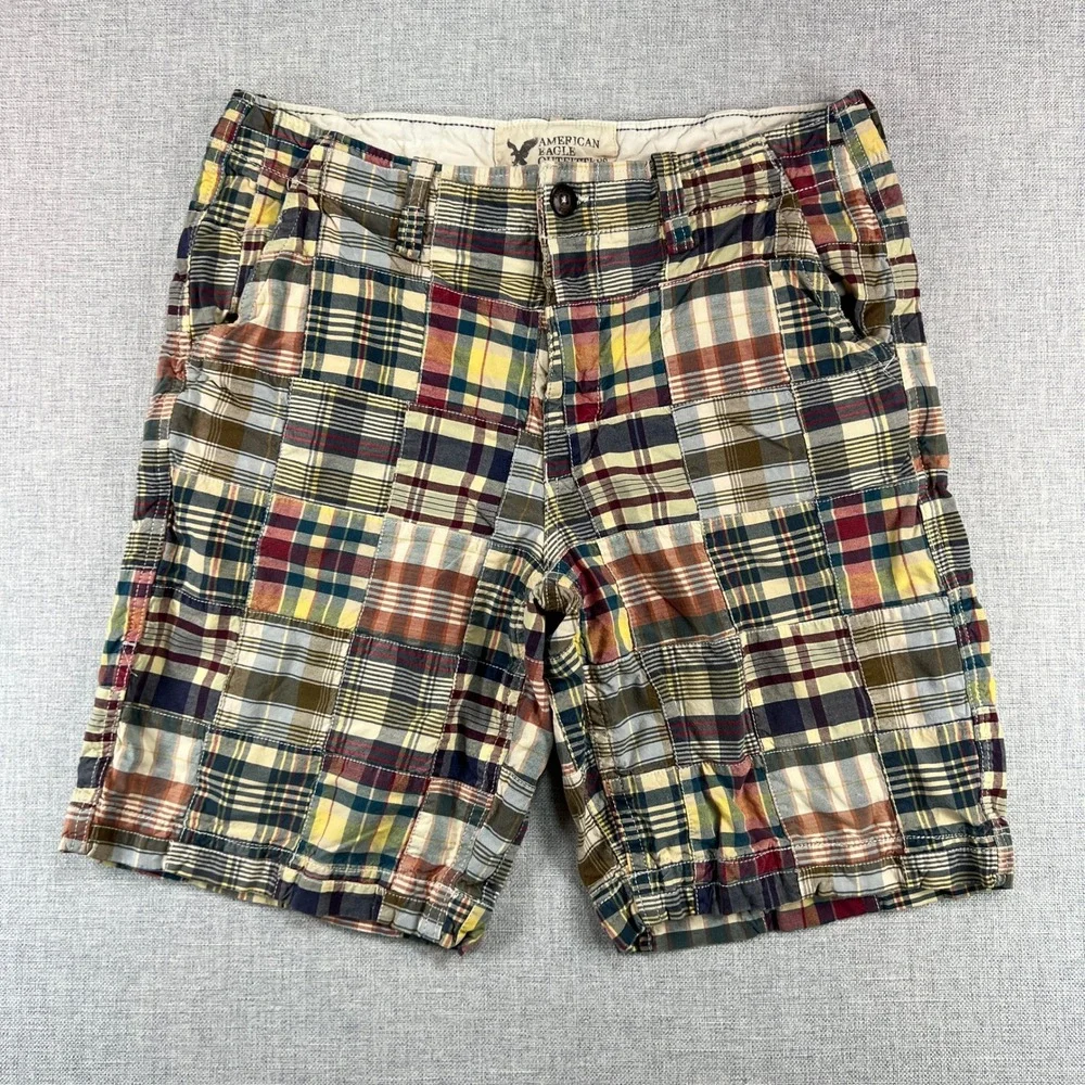 American Eagle Indian Madras Patchwork Plaid Shorts Classic Length Mens 34x10